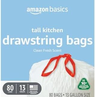 Amazon Basics 13-Gallon Kitchen Trash Bags – Drawstring, Clean Scent, 80 Count