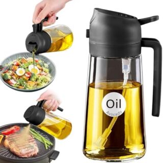 YRRAMATE 16oz Glass Olive Oil Sprayer – 2-in-1 Dispenser with Stickers, Portion Control, Black