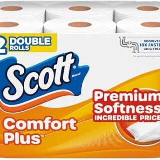 Scott ComfortPlus Toilet Paper – 12 Double Rolls, 1-Ply, Septic-Safe